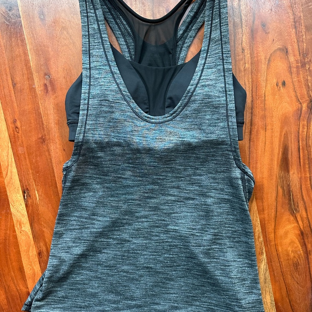 Lululemon Women’s Heathered Black Gray mesh tank with built in black sports bra